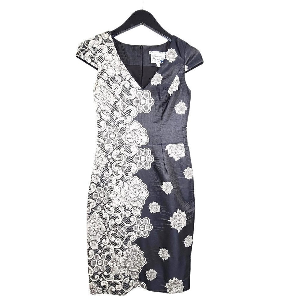 Yoana Baraschi Blue Label Black Ivory White Fleuris Lace USA V Neck Dress